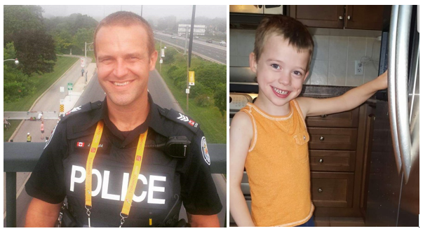 Detective Jeff Bangild in police uniform and his young son, Ryan