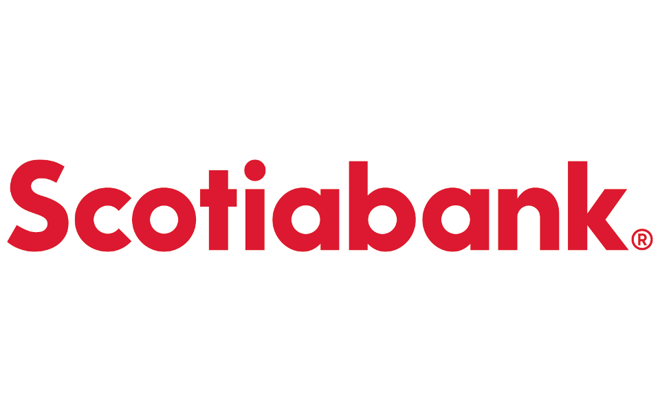 Logo de la Banque Scotia. Texte lumineux et rouge sur fond blanc. "Banque Scotia."