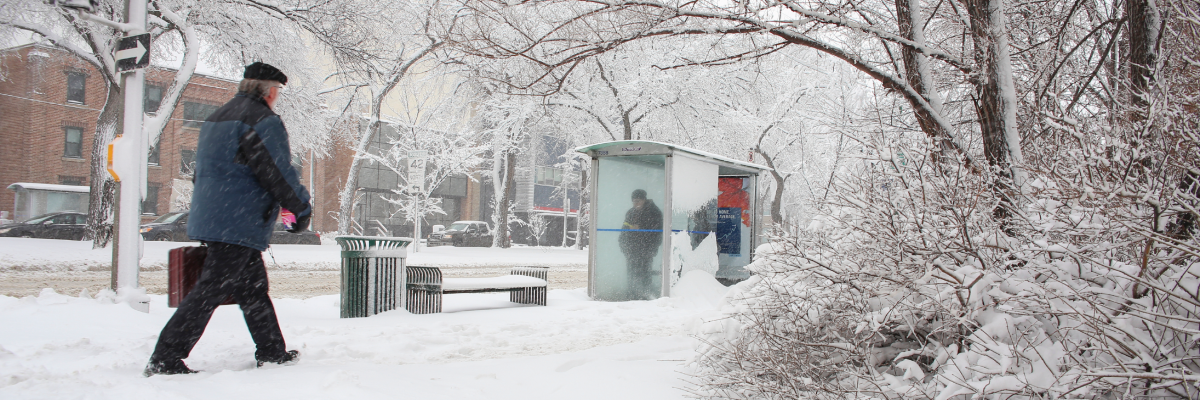 A residential street, sidewalks, and surrounding buildings are covered in snow. A man walks down a snow-covered sidewalk. To his left is a bus shelter and a bench which are also covered in snow. One person stands in the bus shelter. In the bottom right-hand corner of the image, there is a yellow banner overlay with the text “SnoWay!”