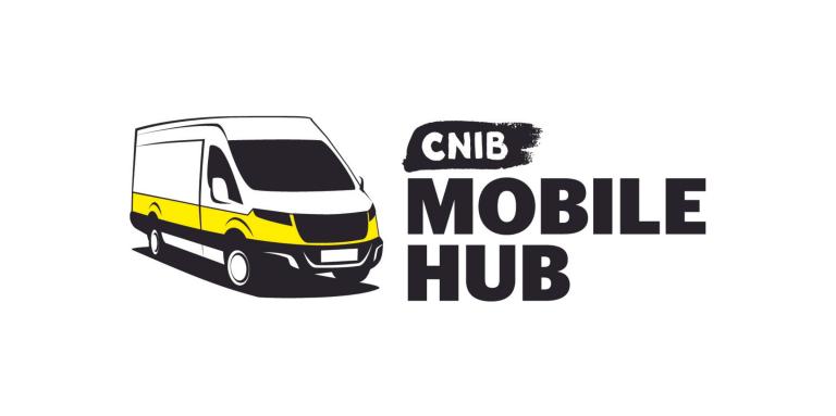 Logo du Hub mobile d’INCA. Illustration graphique d’une camionnette blanche avec des accents jaunes et noirs. Texte : Hub mobile d’INCA.