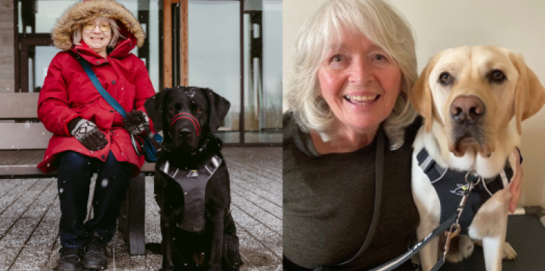 A collage of two photographs featuring two graduating partnerships. Left: Cheri smiles and sits on a bench, and her guide dog, Sassy, sits on the pavement to her right. Sassy is a black dog in harness. It’s lightly snowing, and Cheri is wearing a red winter jacket and gloves. Right: Maxine and her guide dog, Symba, a yellow dog, pose for a photo together. Symba is in harness.