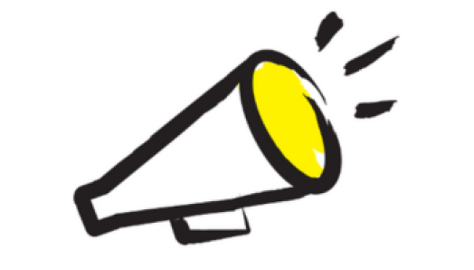 An illustration of a megaphone outlined in a black paintbrush-style design with yellow accents.
