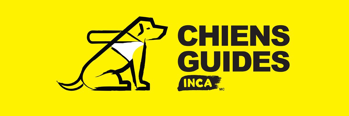 Logo des chiens guides d'INCA : L’esquisse d'un chien dans un harnais assis à côté des mots « Chiens-guides d'INCA ». 