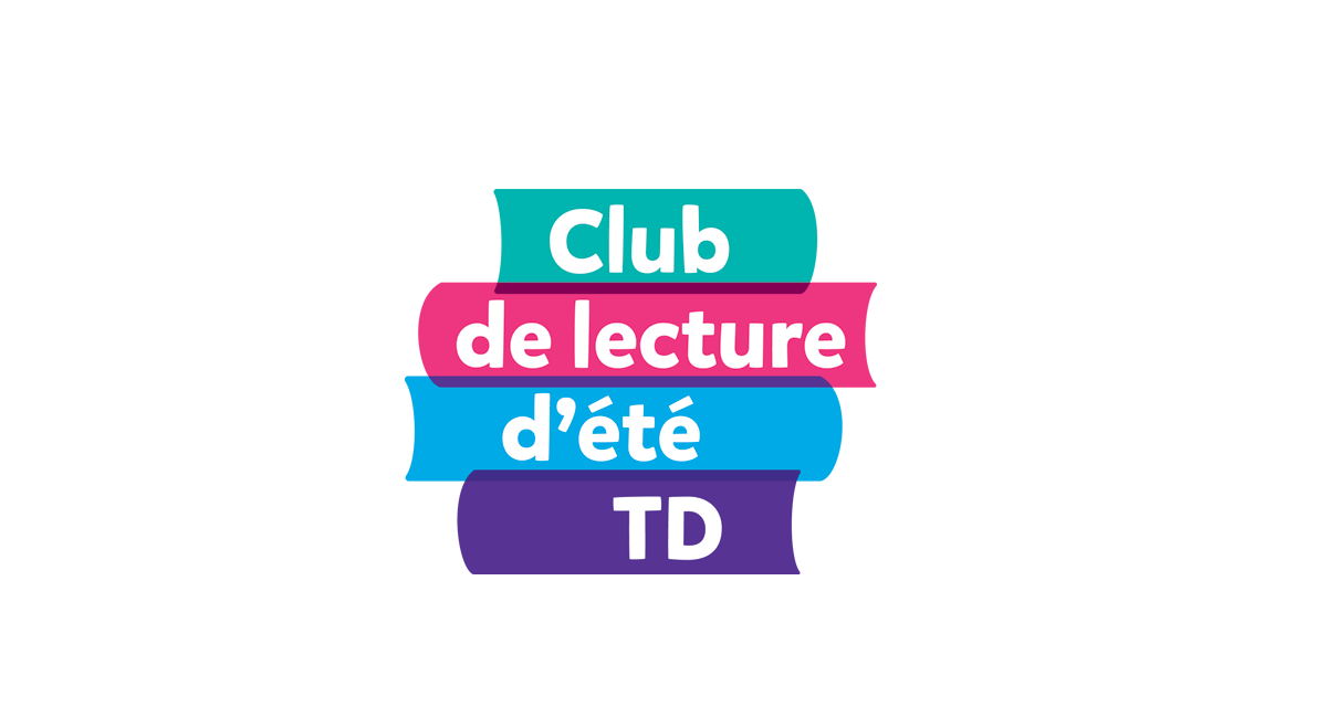 ULe logo du Club de lecture d'été TD. Le graphisme ressemble à une pile de livres multicolores. Texte : Club de lecture d'été TD