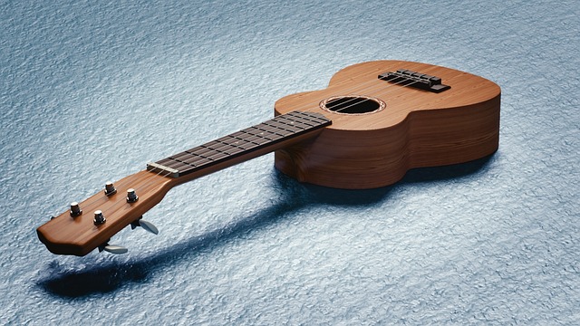 A Ukulele rests on the floor. 