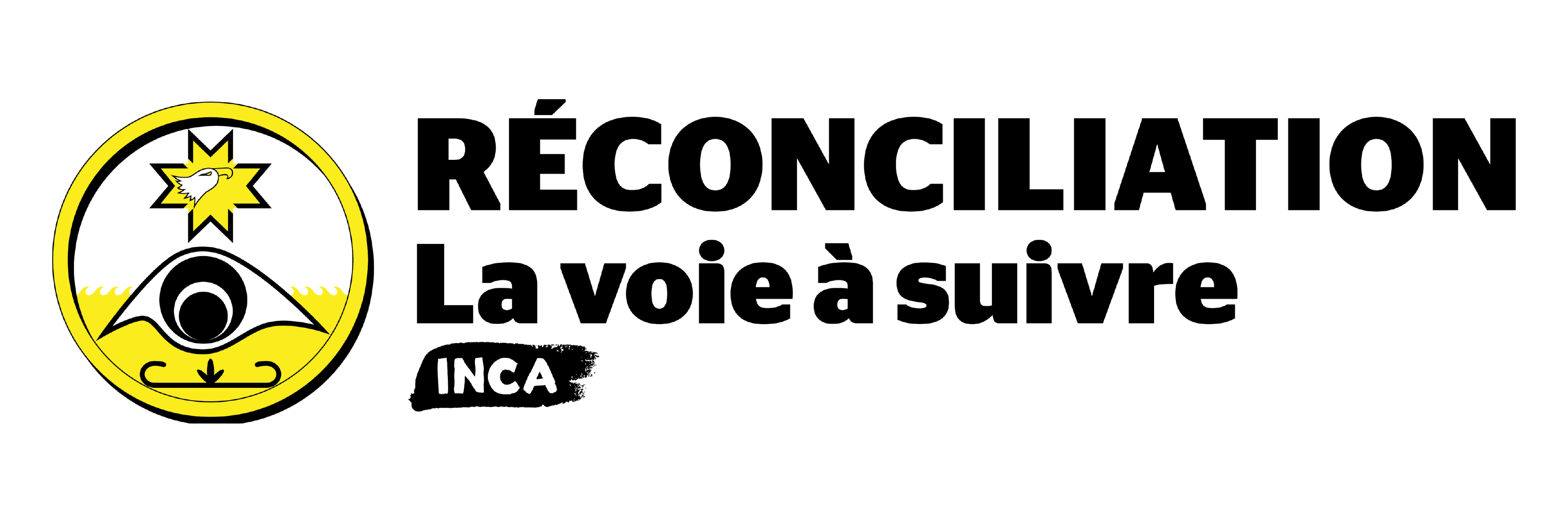 Icône de la réconciliation d’INCA. Une illustration graphique représentant un œil stylisé à l’intérieur d’un anneau ou d’un cercle. Texte: Réconciliation – La voie à suivre 