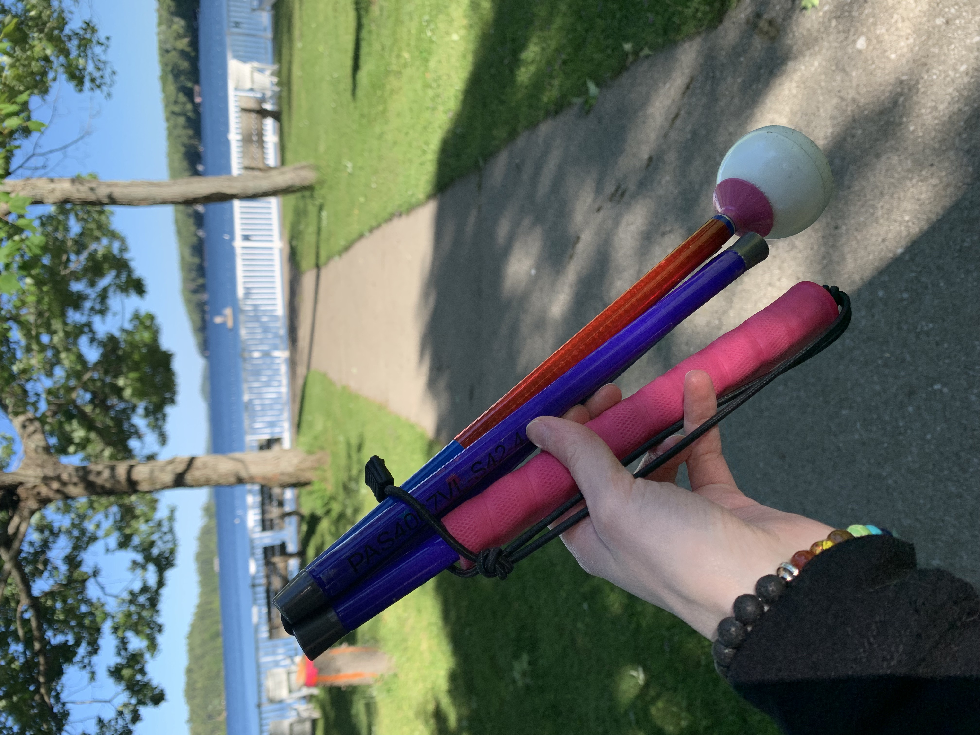 A left hand holds up a pink, purple, and blue cane close up the camera. In the background behind the cane, there is a walkway to a lake.