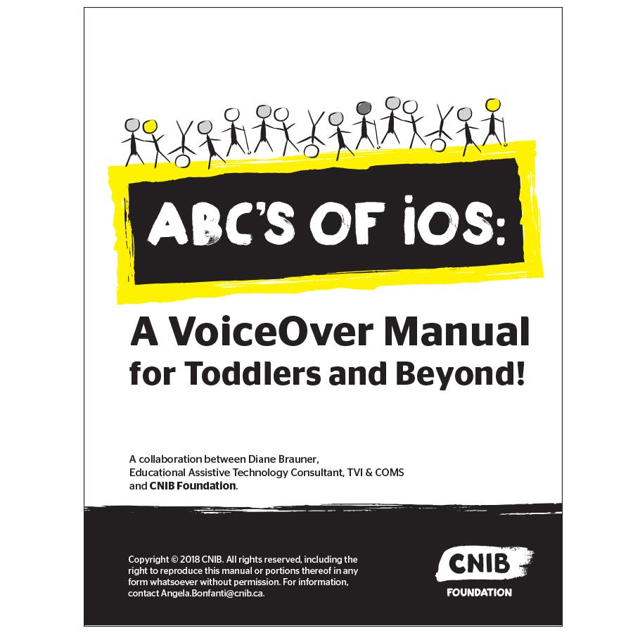 La page de couverture du manuel ABC's of iOS. Une illustration de bonhommes allumettes debout devant le texte « ABC's of iOS ». Sous-titre : « A VoiceOver manual for toddlers and beyond! »