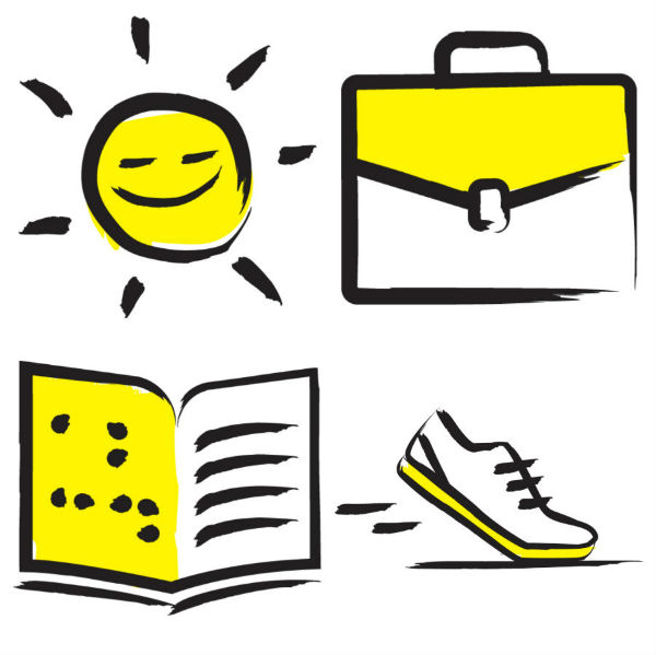 Icônes jaunes et noires, représentant notamment un soleil, une mallette, une chaussure et un livre en braille 