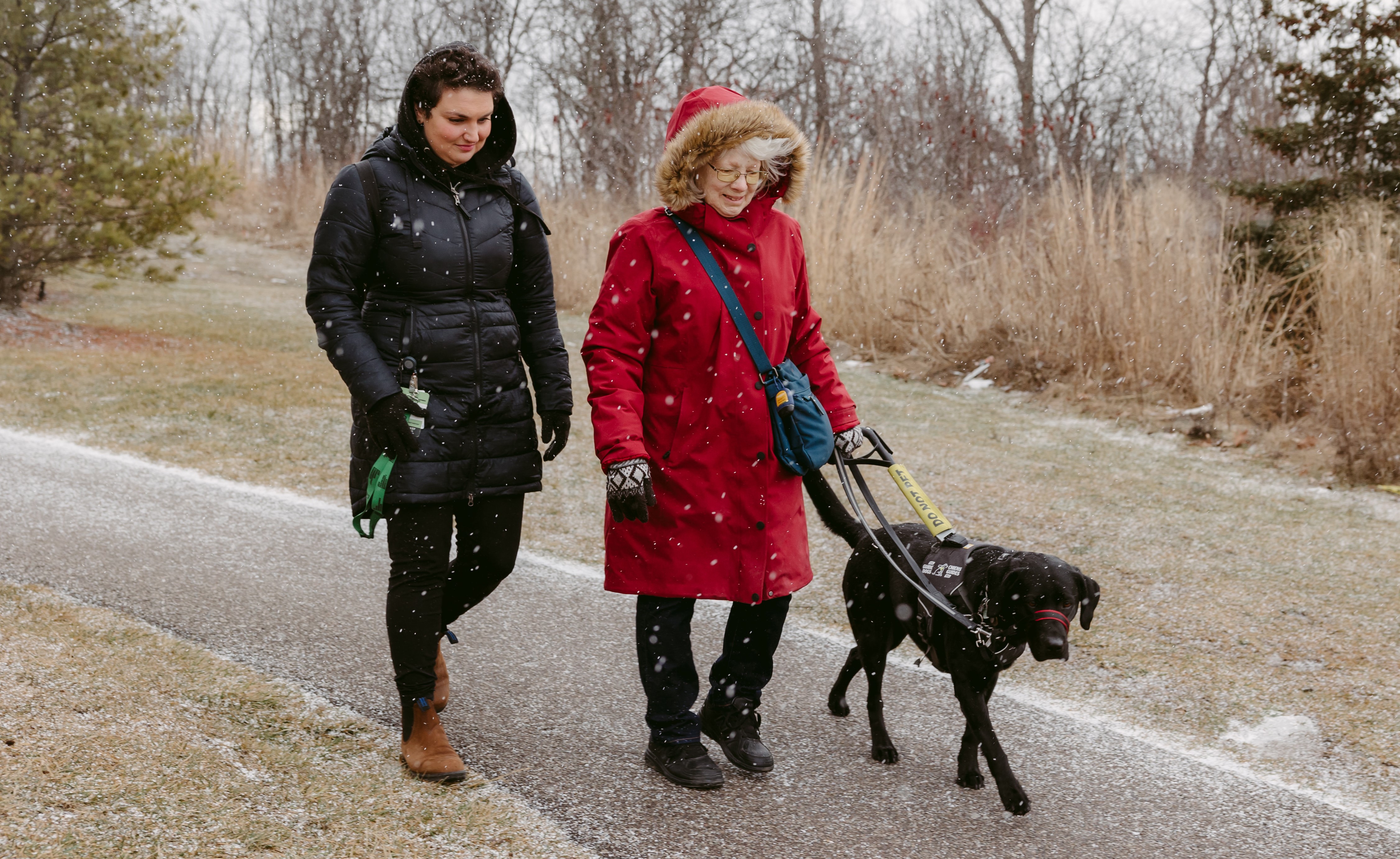 Cheri, qui porte une parka rouge à capuche, marche sur un chemin pavé avec Sassy, sa chienne-guide Labrador noire d'INCA, et une intervenante des Services communautaires Surdicécité d'INCA.