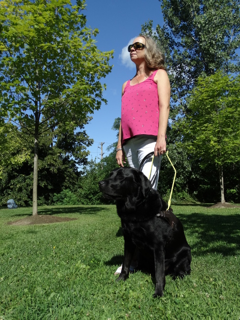  Cindy and her guide dog, Barney, photographed outdoors. Cindy stands in a triumphant pose - staring off into the distance. Barney, a black Labrador/Golden Retriever cross, sits at her feet. She is holding his harness.