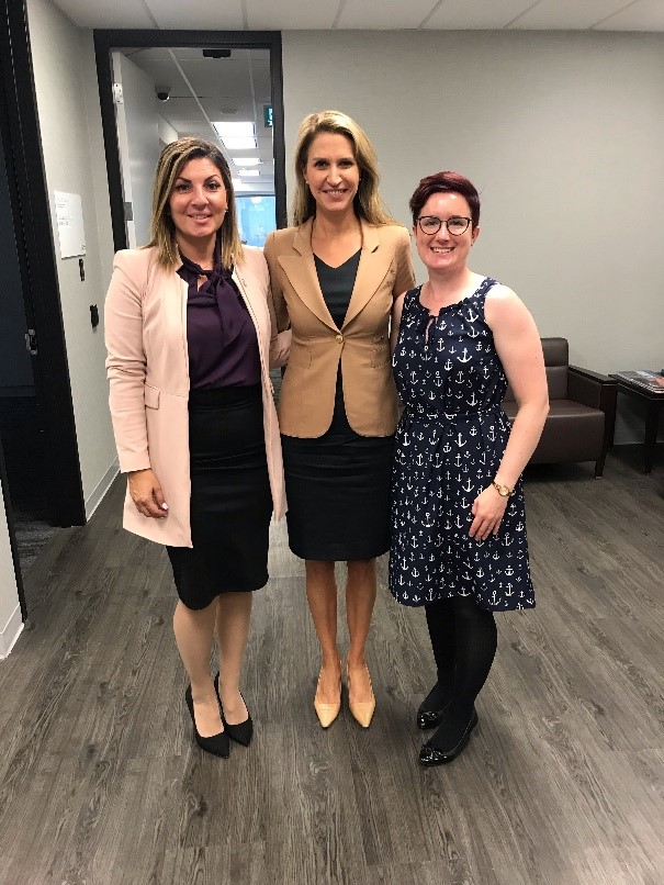 CNIB Foundation staff Angela Bonfanti, Vice President (Ontario and Quebec) and Kat Clarke, Manager, Advocacy and Government Affairs (Ontario and Quebec) with Ontario Minister of Transportation, Caroline Mulroney.