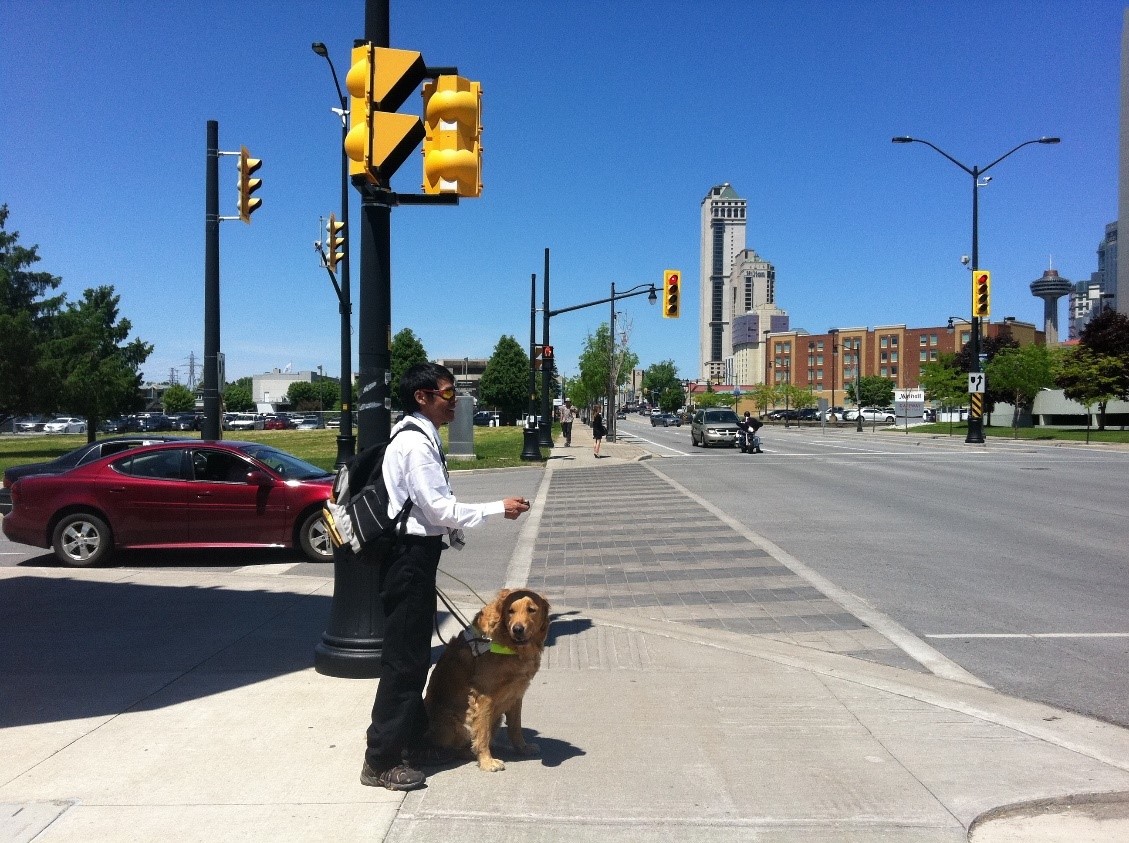 A young man and his guide dog stand on the corner of a busy intersection. In his right hand, he holds a Key2Access Fob. In his left hand, he holds the Guide Dog harness 
