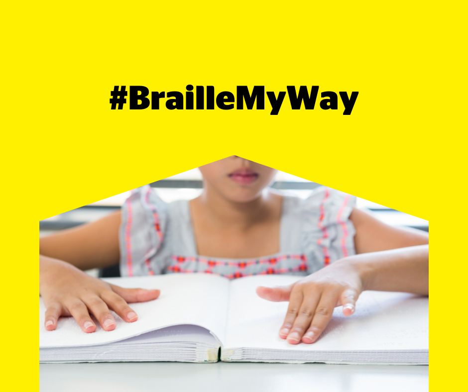 A yellow  banner featuring a photograph of a young girl reading a braille book. Text: Braille My Way.