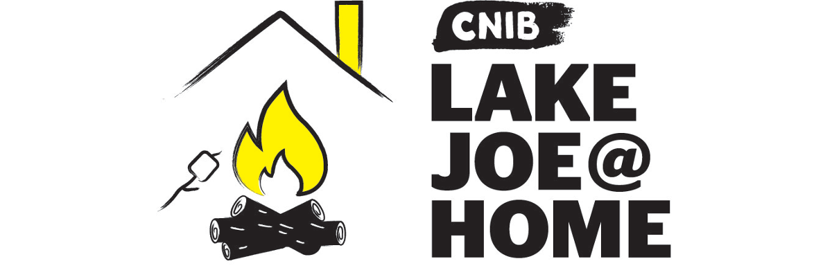 CNIBLakeJoe@Home text to the right of an image of a marshmallow roasting in a campfire with a home (roof/chimney) in the background.