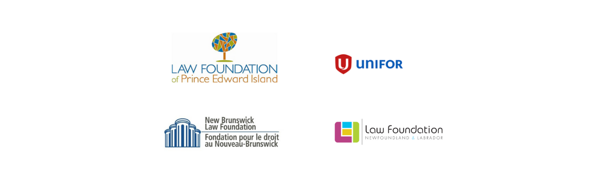 4 logos. Law Foundation of Prince Edward Island, Unifor, Law Foundation of Newfoundland and Labrador, New Brunswick Law Foundation 