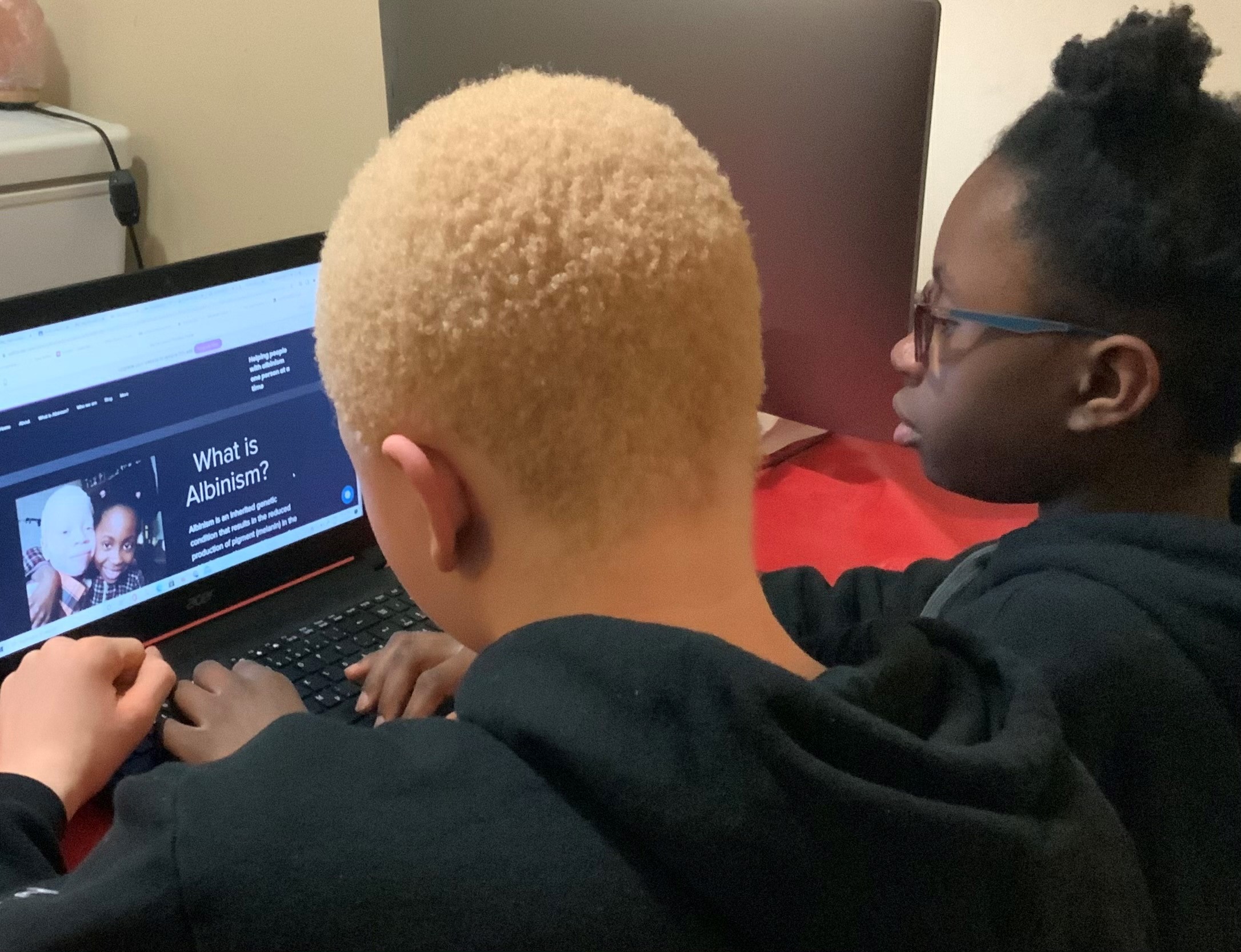 An over-the-shoulder picture of Munashe & Munopahse sitting at their laptop and working on their fundraising project. 