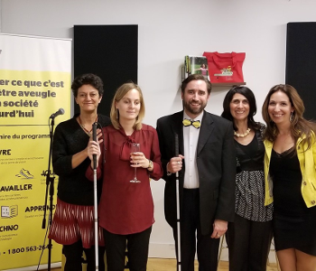 Nima Machouf, NDP candidate in the federal election, poses with the CNIB Foundation Quebec staff: Catheryne Houde, David Demers, Valérie and Sarah Rouleau