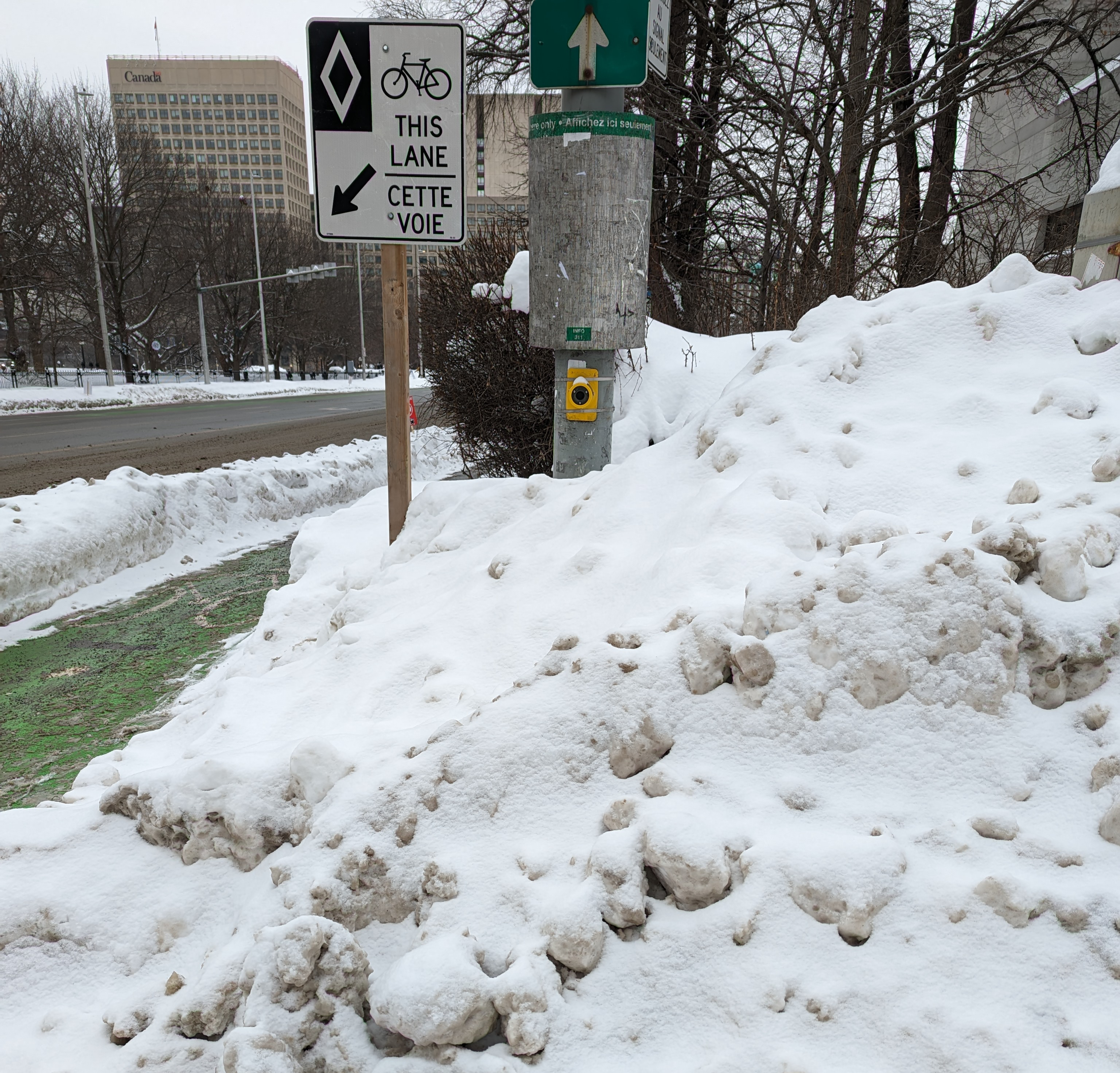 Un très gros tas de neige bloque l'accès à un trottoir et au bouton du signal piéton accessible à un passage pour piétons à Ottawa, en Ontario.