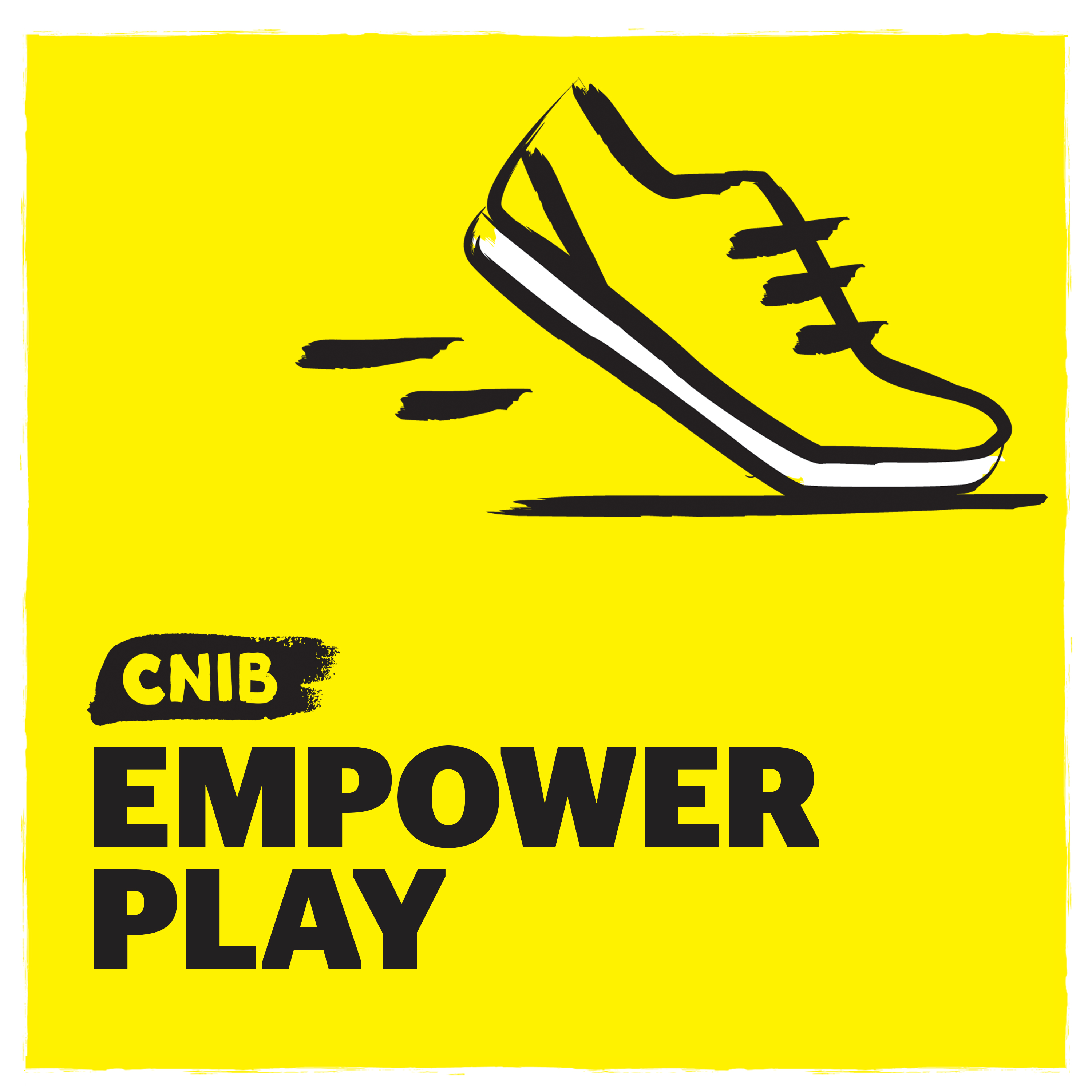 CNIB EmpowerPlay logo. An illustration of a running shoe on a yellow background.
