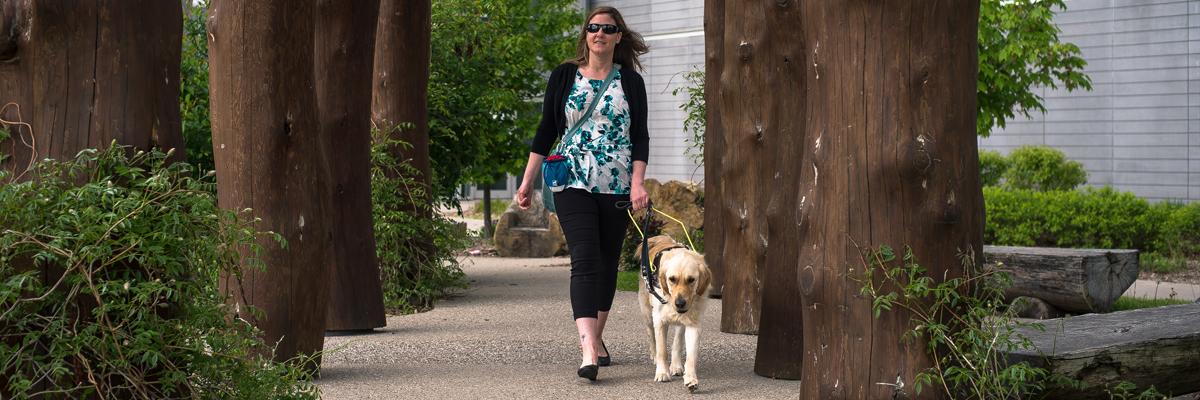 A woman and a yellow guide dog in a harness walking down a park path.