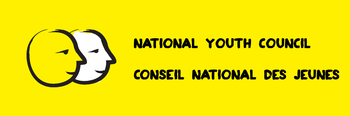 A yellow banner featuring an illustration of two cartoon faces outlined in a thick, black paintbrush design. Text: National Youth Council.