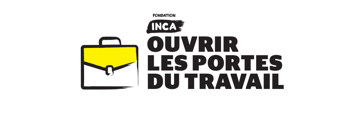 Un dessin de bande dessinée d'une mallette avec une bordure noire épaisse. "INCA Ouvrir Les Portes du Travail"