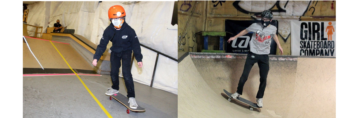Left: Gabriel Pigeon, a member of the "Skate Bats" is seen riding his skateboard at The Compound skatepark. Right: Curtis Ruttle rides a skateboard and attempts a quarter pipe inside the skatepark. He is wearing a helmet.