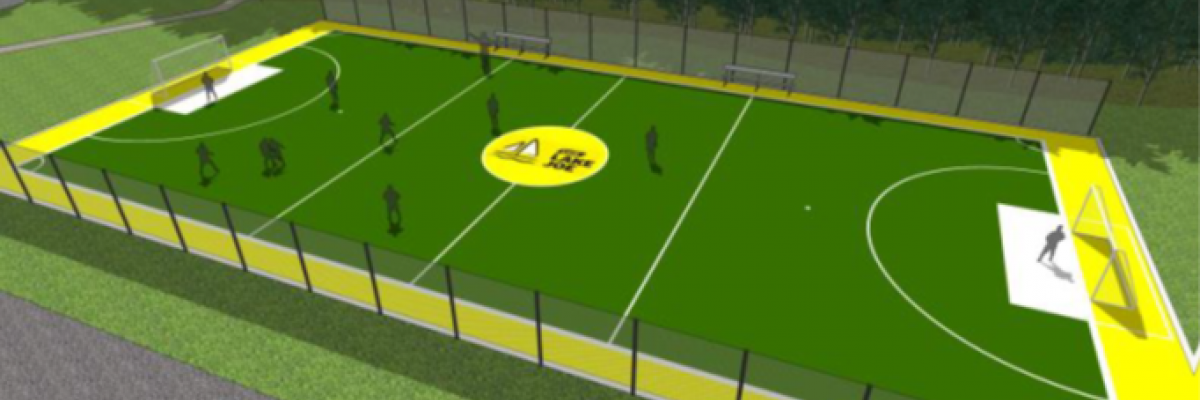 A rendering of the new synthetic turf soccer pitch, a 40m x 20m field. 2m high black netting on the sides, with the CNIB Lake Joe logo (white sailboat) in a yellow circle at centre field, soccer goal nets at each end and a yellow border around the field's edge. 
