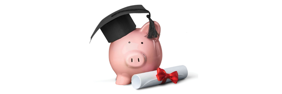 An illustration of a pink piggy bank wearing a black graduation cap. A diploma sits at the foot of the piggy bank.