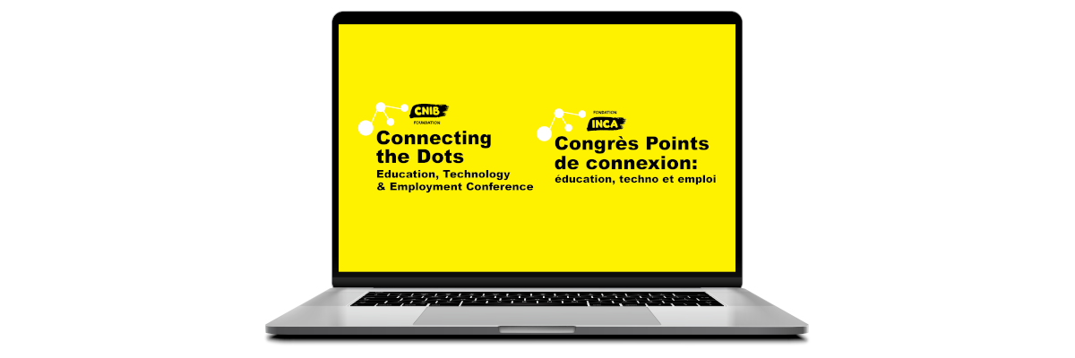 A laptop computer. Displayed on the screen is the bilingual Connecting the Dots logo.