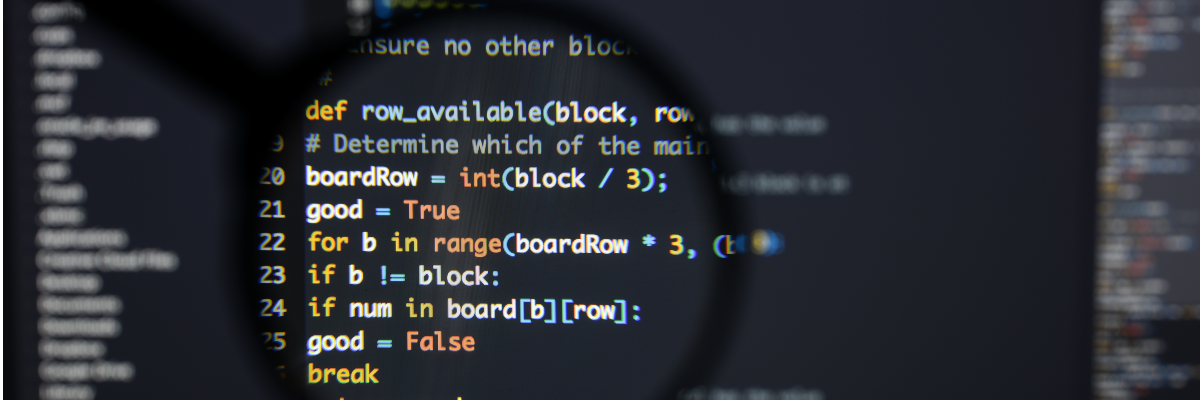 A computer screen displays an abstract algorithm concept/code. Lines of code (text) are visible under a magnifying lens.