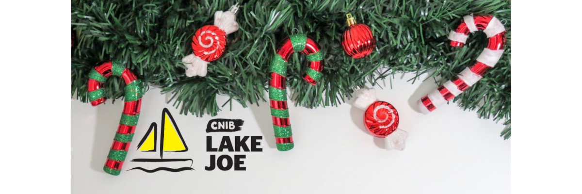 CNIB Lake Joe logo under a bough of evergreens with candy canes and ornaments.