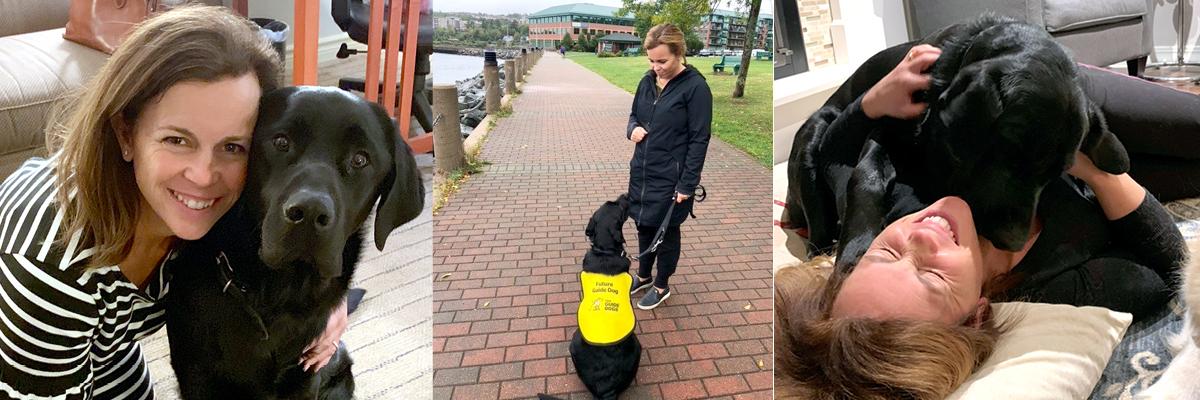 A collage of three photographs. Left: Denise crouching next to Harlow with her arm around him. Center: Denise doing training with Harlow, who is sitting and wearing his Future Guide Dog vest, on the waterfront in Halifax. Right: Denise lying on the floor laughing while Harlow gives her a cuddle