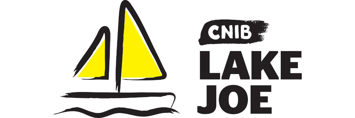 An illustration of a sailboat outlined in a black paintbrush style design. A dash of yellow paint appears on the boat sail. Text: CNIB Lake Joe.