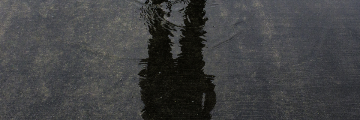 A young man stands peering over a puddle. Their running shoes appear at the top of the image. In the puddle is a soft reflection of their silhouette.