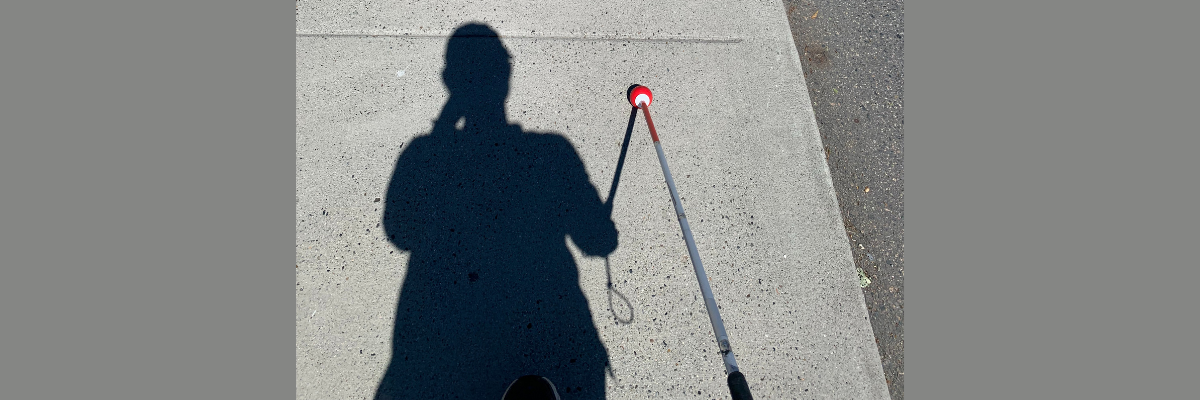 A shadow silhouette of a person on walking down a sidewalk. Their white cane is visible to the right of the shadow.