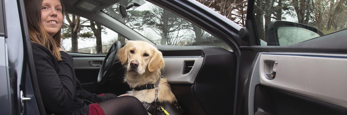 A woman sitting in the front passenger seat of a taxi and her guide dog, a golden retriever, sits at her feet between her legs.