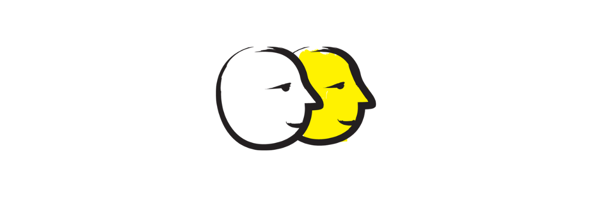 Une bannière jaune illustrant deux visages dessinés au pinceau noir épais.