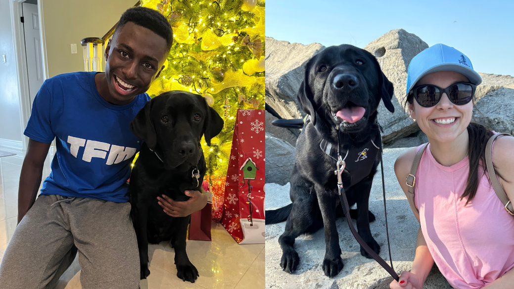 Collage de deux photographies représentant deux partenariats de fin d'études. À gauche : Adam et son chien-guide, Murdoch, un labrador noir, posent pour une photo ensemble devant un arbre de Noël. Adam sourit d'une oreille à l'autre et s'agenouille sur le sol à côté de Murdoch. Adam serre Murdoch à moitié dans ses bras. A droite : À l'extérieur, Danica et son chien-guide, Ella, un labrador noir, posent pour une photo ensemble devant un rocher/un mur de pierre.