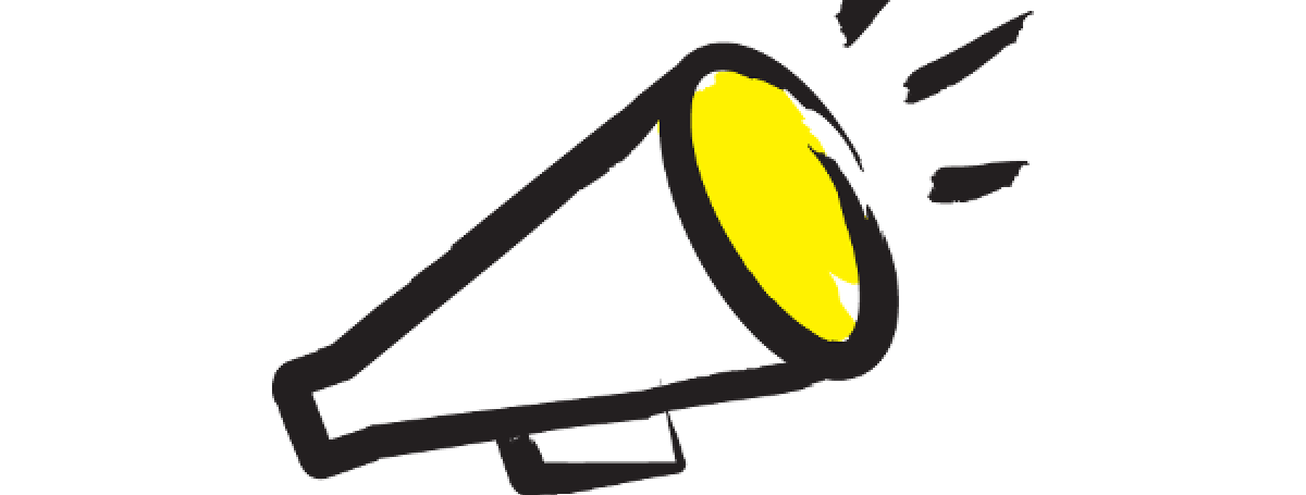 An illustration of a megaphone outlined in a black paintbrush style design with yellow accents.