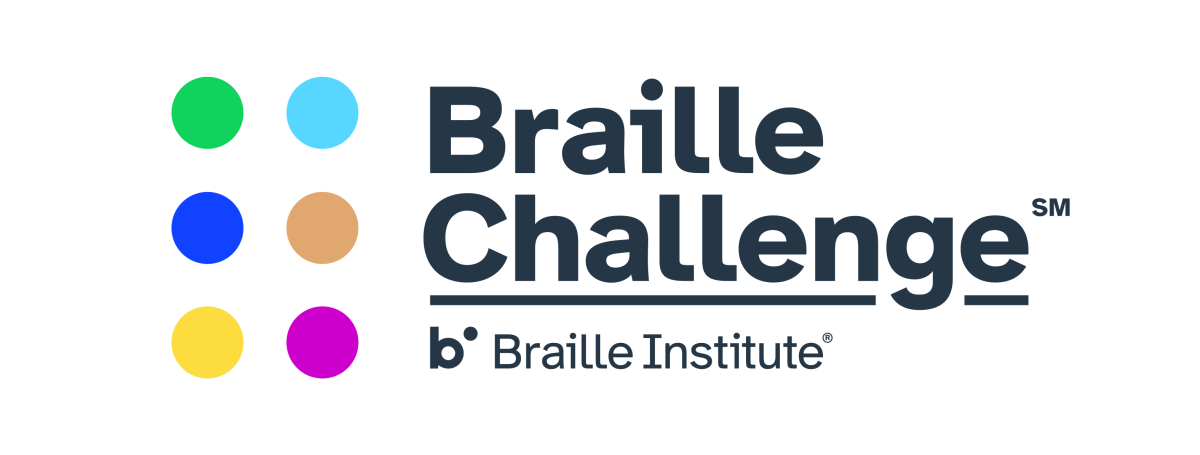 The Braille Challenge Logo. An illustration of six colourful braille cells. Text: Braille Challenge. Braille Institute.