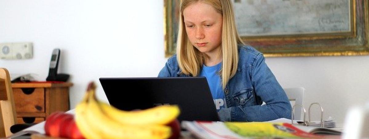 Home school. A young girl sits at a laptop computer at a kitchen island.