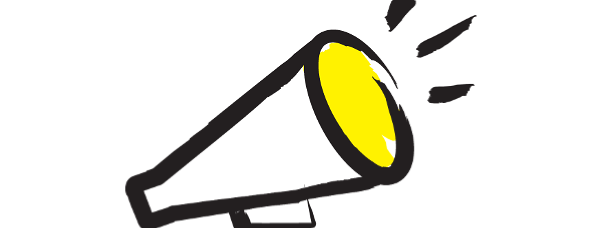 An illustration of a megaphone outlined in a black paintbrush style design with yellow accents.
