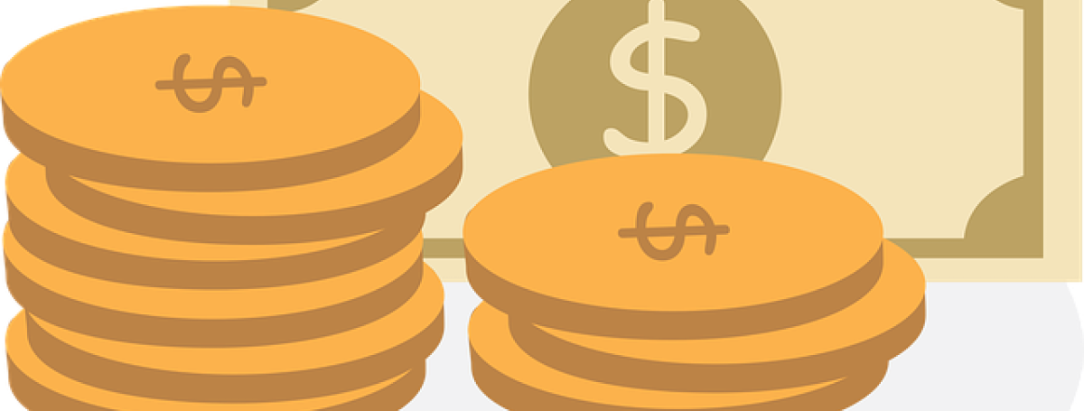 An illustration of money. A stack of coins and paper bills with $ signs on them.