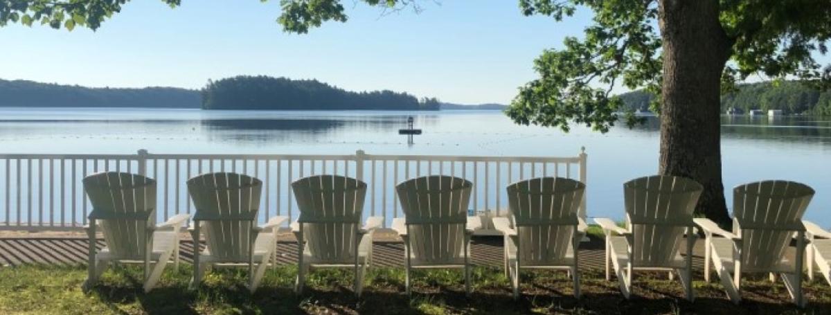 Line of white Muskoka chairs facing the Lake Joe beach