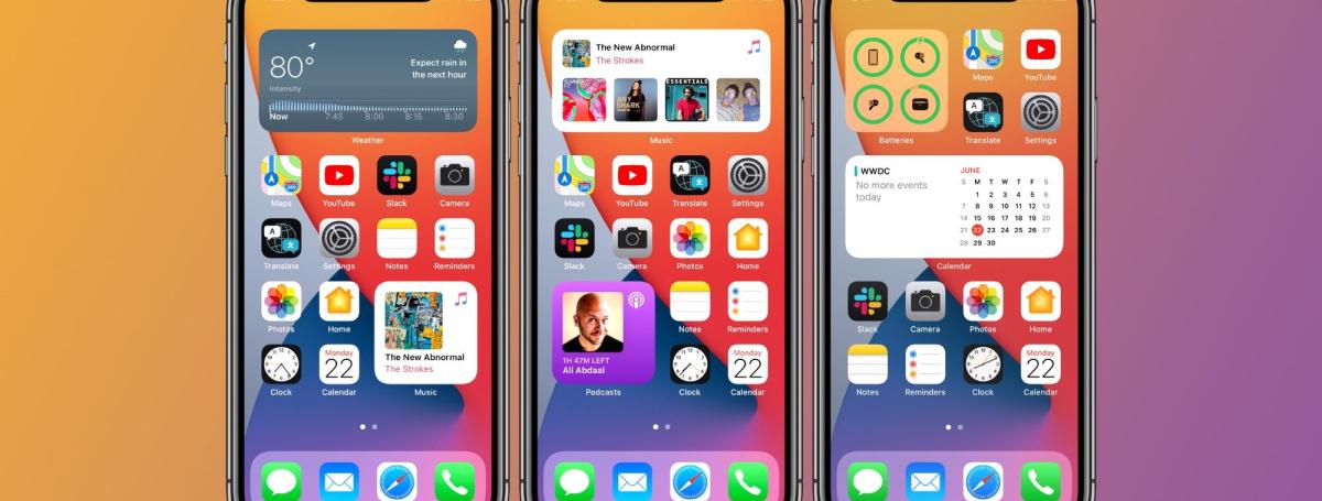 Three iPhone 11's sit side-by-side. Each device is displaying iOS Widgets.