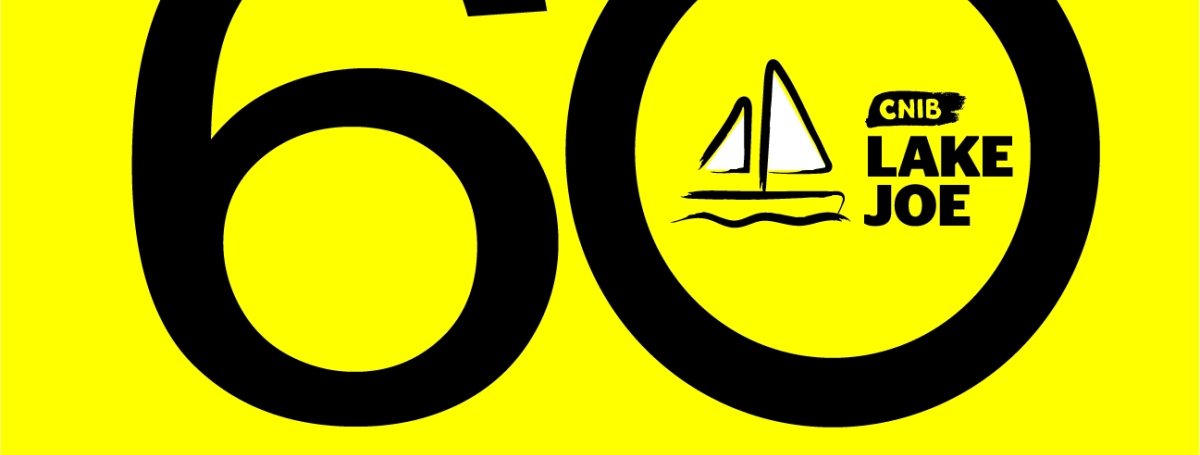 CNIB Lake Joe 60th Anniversary logo: Large "60" with a sailboat outline and "CNIB Lake Joe" inside the "0". There is a brush stroke underneath with "Est. 1961" below.