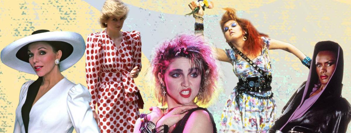 Collage of female celebrities from the 80's: Joan Collins, Lady Diana, Madonna, Cindy Lauper, Grace Jones