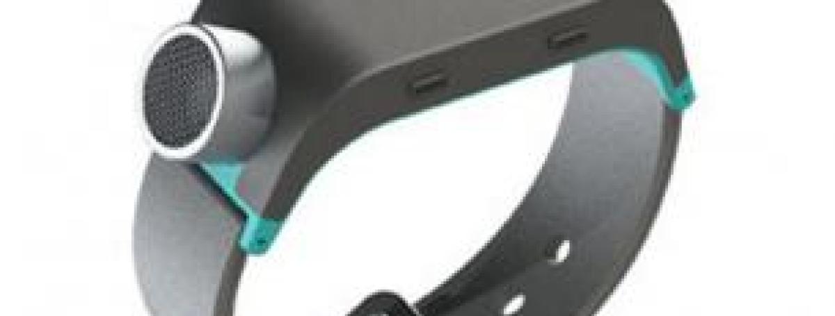 The Sunu band. Similar to a watch, it's a black device you wear on your wrist.